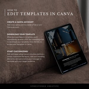 May include: A digital mockup of a real estate listing template on a tablet device. The template features a modern home with a black and white color scheme. The text on the template reads "New Listing", "1234 Onyx Way", "Stunning Private Estate", and "Offered at $1,700,000".