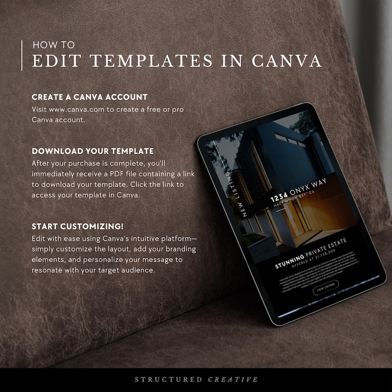 May include: A digital mockup of a real estate listing template on a tablet device. The template features a modern home with a black and white color scheme. The text on the template reads "New Listing", "1234 Onyx Way", "Stunning Private Estate", and "Offered at $1,700,000".