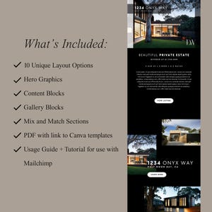May include: A checklist of features included in a real estate email marketing template. The features include 10 unique layout options, hero graphics, content blocks, gallery blocks, mix and match sections, a PDF with a link to Canva templates, and a usage guide and tutorial for use with Mailchimp.