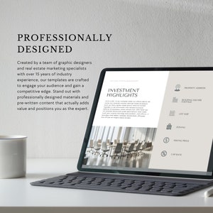 May include: A tablet computer displaying a real estate investment highlights template. The template includes sections for property address, building square footage, lot size, zoning, asking price, and cap rate. The template is designed to help real estate professionals create professional presentations for their clients.