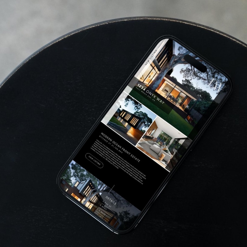 May include: A mobile phone screen displaying a real estate listing for a modern oceanfront estate located at 1234 Onyx Way. The listing features photos of the home's exterior and interior.