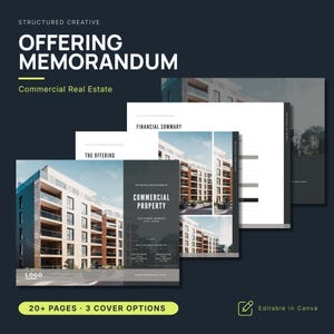 May include: A digital template for a commercial real estate offering memorandum featuring a multi-page layout with text headers like Offering Memorandum, Commercial Property, and Financial Summary, alongside images of a modern apartment building.