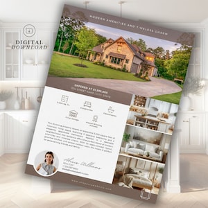 May include: A real estate flyer with a photo of a modern house with a brown brick exterior. The flyer advertises a 5,000 square foot home with 5 bedrooms and 3 bathrooms. The flyer also includes the address and price of the home, as well as the name and contact information of the realtor.