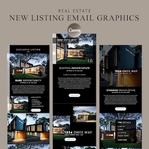 Può includere: Un modello di email in bianco e nero per un annuncio immobiliare. Il modello presenta una casa moderna con un esterno nero e grandi finestre. Il testo sul modello recita "1234 ONYX WAY, HALF MOON BAY, CA" e "SPLENDIDA RESIDENZA PRIVATA OFFERTA A 1.750.000 €".