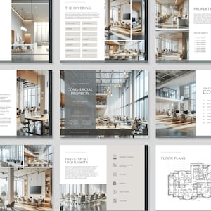 May include: A brochure for a commercial property investment opportunity. The brochure features images of the building's interior, including a large open space with floor-to-ceiling windows, and a table of contents with key information about the property.