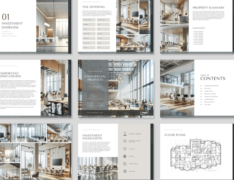 May include: A brochure for a commercial property investment opportunity. The brochure features images of the building's interior, including a large open space with floor-to-ceiling windows, and a table of contents with key information about the property.