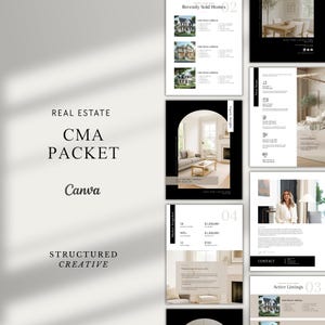 May include: A real estate CMA packet design with a modern aesthetic. The design includes pages with headings like "Recently Sold Homes," "Market Snapshot," and "Active Listings." The Canva logo is visible, indicating the design platform.