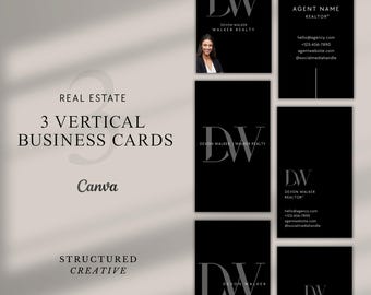 Real Estate Business Card Templates – 3-Pack Vertical Canva Designs (Photo + No-Photo Options)