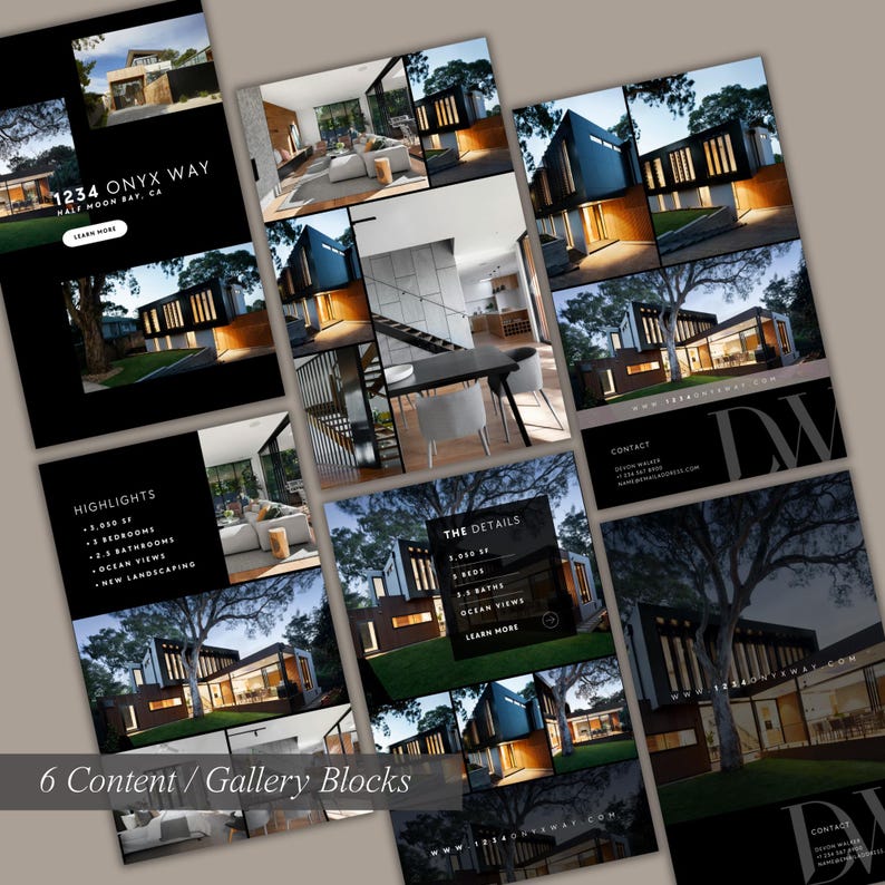 May include: A black and white image collage showcasing a modern home with a black exterior and large windows. The home is located at 1234 Onyx Way, Half Moon Bay, CA. The image includes highlights of the home, such as 3,050 square feet, 3 bedrooms, and ocean views. The image also includes contact information for the real estate agent.
