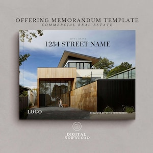 May include: A template for a commercial real estate offering memorandum. The template features a modern, wood-sided house with a black roof and a large glass door. The text "1234 STREET NAME" is at the top of the template, and the text "EXCLUSIVE OFFERING MEMORANDUM" is at the bottom.