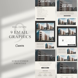 May include: A promotional graphic for real estate email marketing. The design includes the text "REAL ESTATE 9 EMAIL GRAPHICS Canva STRUCTURED CREATIVE." The layout features sample property images, contact information, and website details.