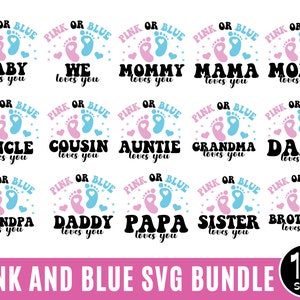SVG retro rosa y azul "Te amamos", SVG rosa o azul "Mamá y papá te amo", SVG de huella de bebé, SVG de revelación de género, SVG de camiseta de revelación de género