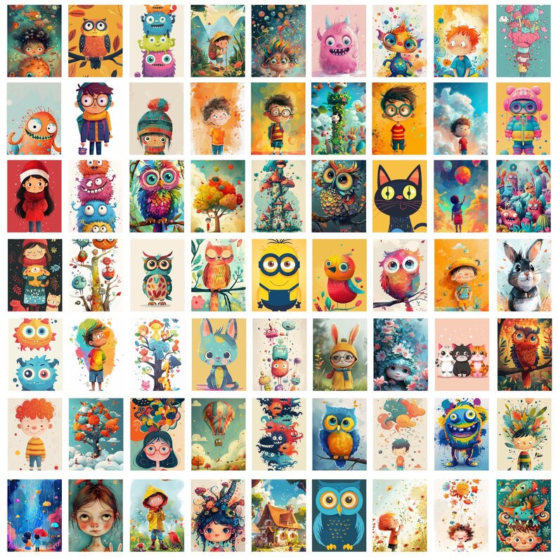 May include: A set of 64 colorful digital illustrations featuring various cartoon characters, animals, and objects. The illustrations are in a whimsical style and feature bright colors and bold outlines.