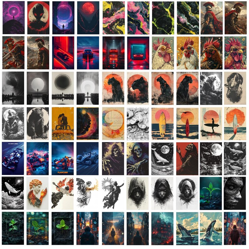 May include: A collage of 60 different digital art images. The images are a mix of abstract, surreal, and realistic styles. Some of the images feature animals, landscapes, and people. The images are all in a square format and are arranged in a grid.