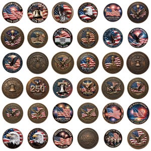 Pode incluir: Uma coleção de trinta e seis moedas comemorativas circulares com imagens patrióticas americanas. Os designs incluem a bandeira dos Estados Unidos, águias americanas, o Sino da Liberdade, a Estátua da Liberdade e o texto 1776-2026.