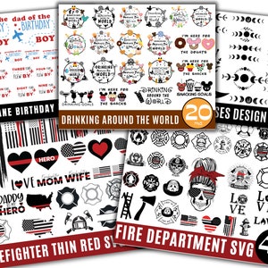 May include: Four digital design sets featuring a variety of images, including a red, white, and blue American flag, a firefighter helmet, a skull with sunglasses, and a heart with the word "hero" inside. The text "Firefighter Thin Red Line SVG" and "Fire Department SVG" are visible in the image. The image also includes the text "Drinking Around the World" and "20 PNG" and "15 SVGs".