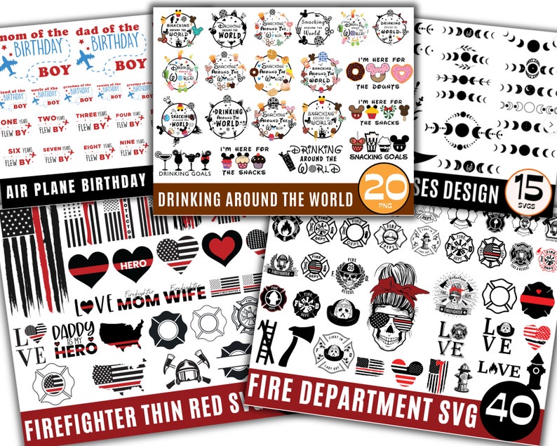 May include: Four digital design sets featuring a variety of images, including a red, white, and blue American flag, a firefighter helmet, a skull with sunglasses, and a heart with the word "hero" inside. The text "Firefighter Thin Red Line SVG" and "Fire Department SVG" are visible in the image. The image also includes the text "Drinking Around the World" and "20 PNG" and "15 SVGs".