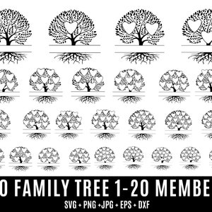 Ensemble Svg arbre généalogique 2-20 membres, branche coeur d'arbre généalogique, arbre de vie Svg, branche d'arbre généalogique, réunion de famille Svg, téléchargement numérique
