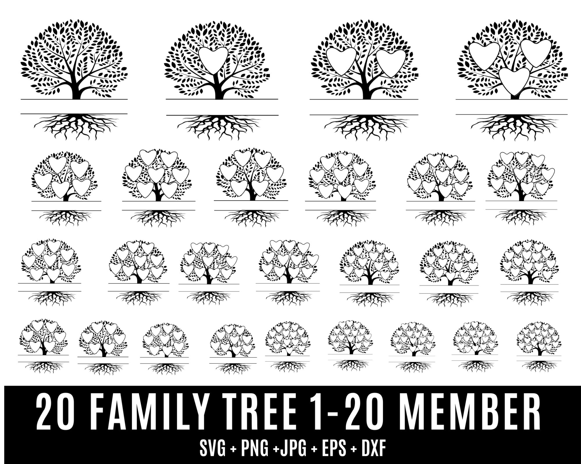 Family Tree Svg Bundle 2-20 Members, Family Tree Heart