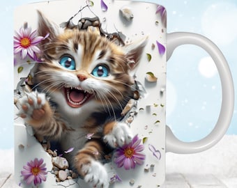 3D Cute Cat Mug Wrap, 11 oz & 15oz Mug Wrap Sublimation Designs, 3D Kitten Hole In A Wall Mug, Cute Cat Mug Press Design