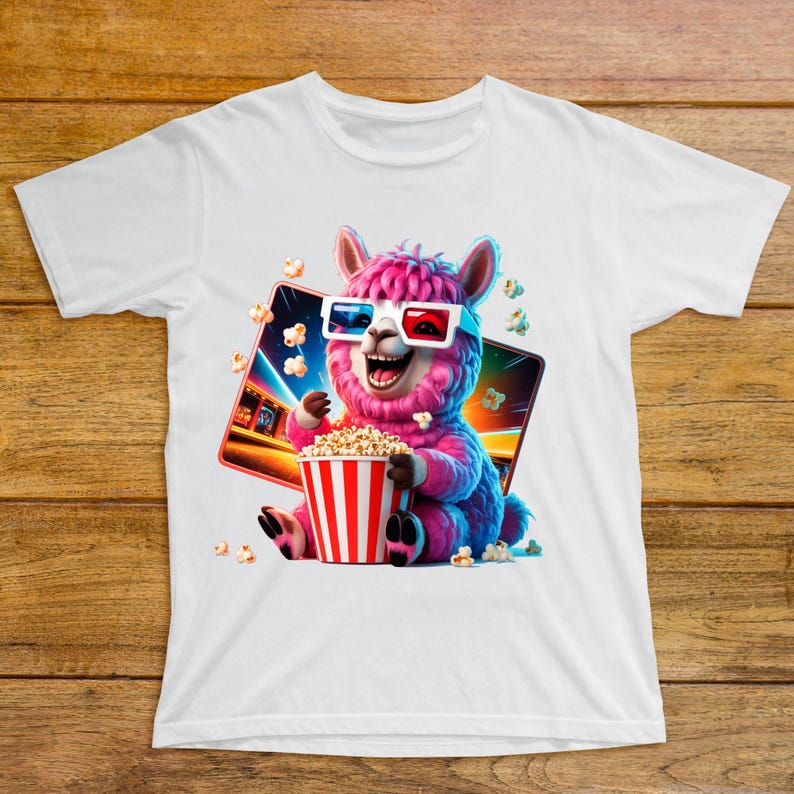 May include: White t-shirt featuring a cartoon llama wearing 3D glasses and holding a popcorn bucket. The llama is pink and blue, with a happy expression. The popcorn bucket has red and white stripes.