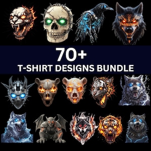 70+ Skull T-Shirt Design PNG Bundle, Gothic Horror Digital Art, Dark Fantasy Clipart, Fire Skull Graphics, Horror T-Shirt PNG
