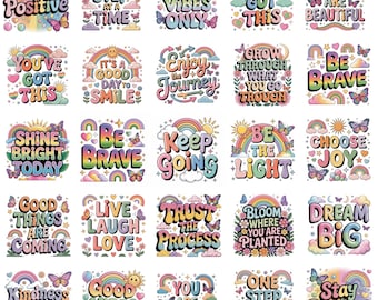 Positive Quotes Clipart PNG Bundle Motivational Rainbow Sayings, Cute Affirmation Stickers,Happy Inspirational Text,Kids Classroom Decor