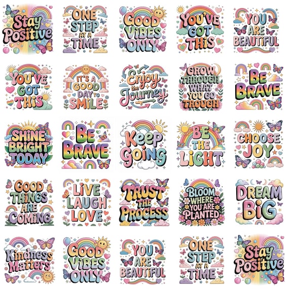 Positive Quotes Clipart PNG Bundle Motivational Rainbow Sayings, Cute Affirmation Stickers,Happy Inspirational Text,Kids Classroom Decor