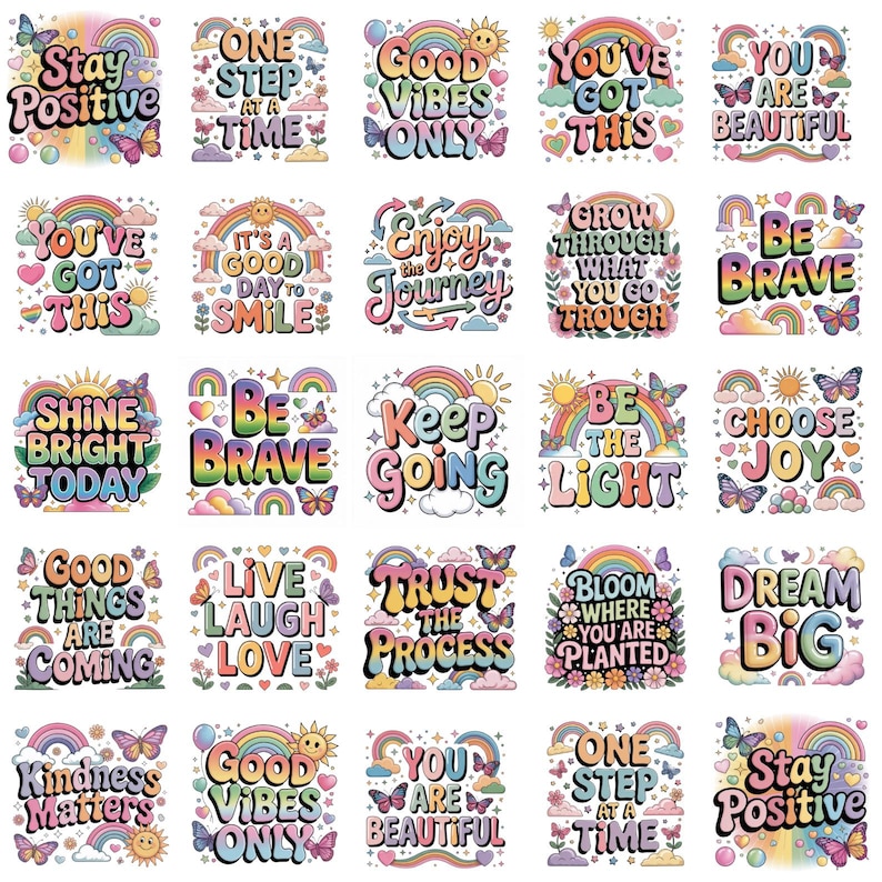 Op de afbeelding: Een verzameling kleurrijke, inspirerende stickers met regenboog- en vlindermotieven. Elke sticker bevat positieve affirmaties zoals "Stay Positive", "Good Vibes Only" en "Dream Big". De stickers zijn in verschillende maten en vormen.
