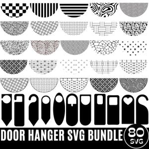 Könnte beinhalten: Ein schwarz-weißes digitales Kunstpaket mit verschiedenen geometrischen Mustern und Türhänger-Designs. Das Bild enthält eine Vielzahl von Halbkreis-Mustern und Türhänger-Silhouetten. Der Text unten lautet "DOOR HANGER SVG BUNDLE" und "80 SVG".