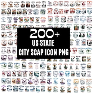 Puede incluir: Una colección de más de 200 iconos de paisajes urbanos de estados de EE. UU. en formato PNG. Cada icono presenta imágenes específicas del estado, incluidos monumentos, animales y paisajes, en un estilo vintage. Los iconos están dispuestos en una cuadrícula.