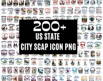 Könnte beinhalten: Eine Sammlung von über 200 US-Bundesstaaten-Stadtlandschafts-Icons im PNG-Format. Jedes Icon zeigt bundesstaatsspezifische Bilder, darunter Wahrzeichen, Tiere und Landschaften, in einem Vintage-Stil. Die Icons sind in einem Raster angeordnet.