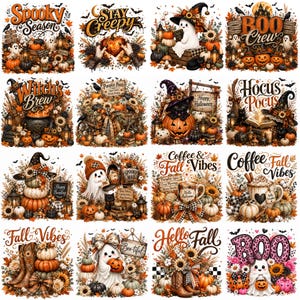May include: A collection of sixteen square illustrations featuring autumn and Halloween themes, including ghosts, pumpkins, sunflowers, witches' hats, and text such as Spooky Season, Boo Crew, Hocus Pocus, Coffee and Fall Vibes, and Hello Fall.