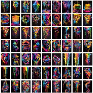 May include: A digital collage of 100 colorful images, each with a unique design. The images are arranged in a grid pattern and feature a variety of subjects, including animals, plants, food, and abstract designs.
