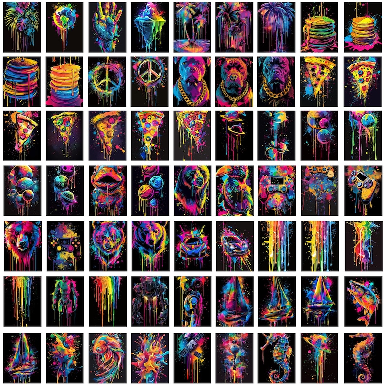 May include: A digital collage of 100 colorful images, each with a unique design. The images are arranged in a grid pattern and feature a variety of subjects, including animals, plants, food, and abstract designs.
