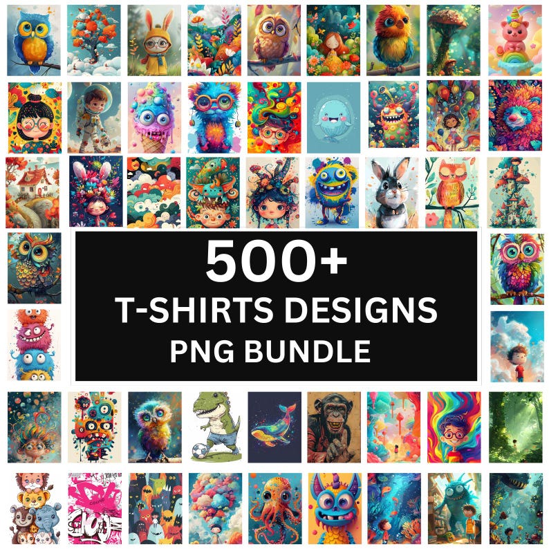 May include: A collage of over 500 colorful cartoon illustrations, featuring animals, characters, and abstract designs. The illustrations are perfect for creating unique t-shirt designs. The text "500+ T-SHIRTS DESIGNS PNG BUNDLE" is displayed in the center of the image.