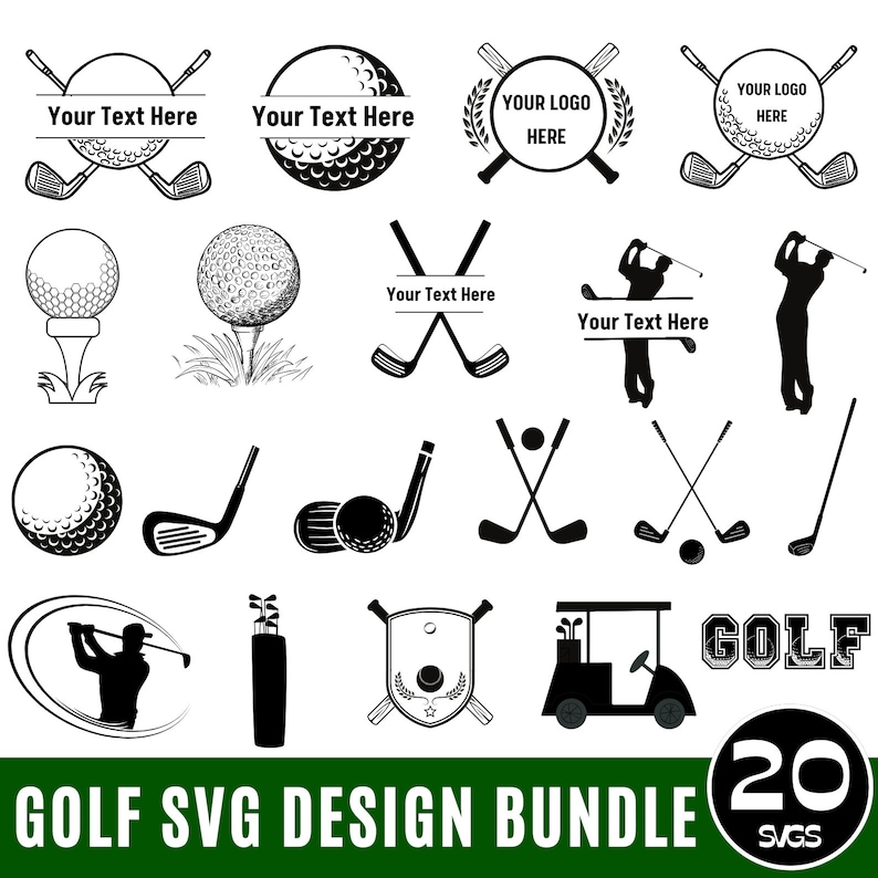 May include: A set of 20 black and white golf SVG designs. The designs include golf balls, golf clubs, golf carts, and golfers. The text "GOLF SVG DESIGN BUNDLE" and "20 SVGS" is included in the image.