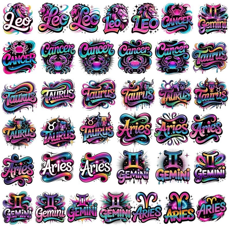 Op de afbeelding: Een verzameling kleurrijke dierenriemtekenontwerpen. Elk ontwerp toont de naam van het teken in een lettertype in graffitistijl, met levendige verlopen van roze, blauw en geel. De tekens omvatten Leeuw, Kreeft, Stier, Ram en Tweelingen.