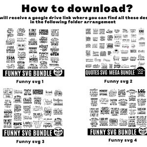 K&ouml;nnte beinhalten: Eine digitale Download-Produktliste f&uuml;r vier Sets mit lustigen SVG-Dateien. Jedes Set enth&auml;lt 25 SVG-Dateien. Die Sets sind mit "Funny SVG Bundle" betitelt und mit "Funny svg 1", "Funny svg 2", "Funny svg 3" und "Funny svg 4" gekennzeichnet.