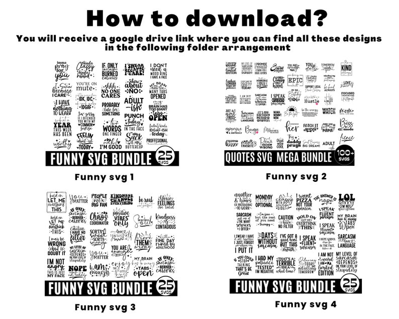 K&ouml;nnte beinhalten: Eine digitale Download-Produktliste f&uuml;r vier Sets mit lustigen SVG-Dateien. Jedes Set enth&auml;lt 25 SVG-Dateien. Die Sets sind mit "Funny SVG Bundle" betitelt und mit "Funny svg 1", "Funny svg 2", "Funny svg 3" und "Funny svg 4" gekennzeichnet.