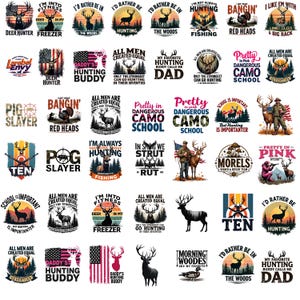 May include: Collection of hunting-themed graphic designs featuring deer, hunting phrases, and patriotic elements. Designs include text like "Deer Hunter," "Daddy's Hunting Buddy," and "Pretty in Camo School." The color palette includes greens, browns, and reds.