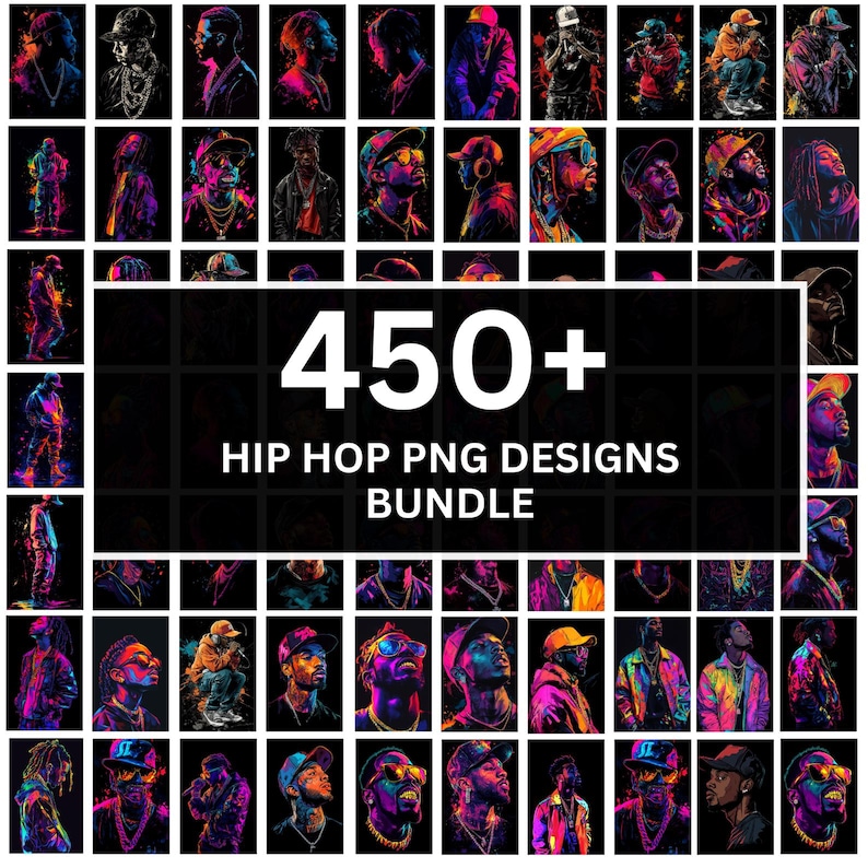 Op de afbeelding: Een collage van meer dan 450 hiphop PNG-ontwerpen in een bundel. De ontwerpen bevatten kleurrijke portretten van mensen met verschillende kapsels en kleding.