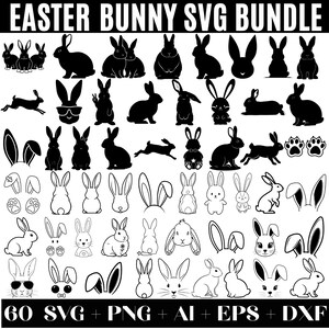 Könnte beinhalten: Eine Sammlung von 60 Osterhasen-SVG-, PNG-, AI-, EPS- und DXF-Dateien. Das Bild zeigt verschiedene Hasen-Silhouetten und -Umrisse, einschließlich ganzer Körper, Ohren und Gesichter. Der Text "EASTER BUNNY SVG BUNDLE" befindet sich oben.