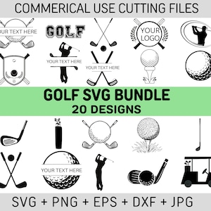 May include: A set of 20 golf-themed SVG designs for commercial use. The designs include golf balls, golf clubs, golf carts, and golfers. The designs are in black and white and are perfect for creating custom crafts, apparel, and more.