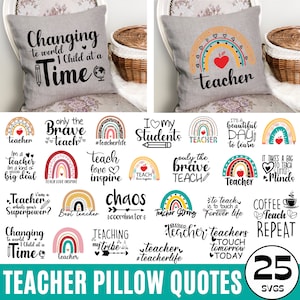 Leraar kussen citaten SVG bundel, Boho Rainbow leraar SVG, sierkussen ontwerp, deurhanger, kussen Svg ontwerpen, Cricut bestanden silhouet