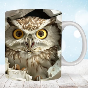 3D-mokomslag schattige uil, 11 oz en 15oz mokomslag sublimatieontwerpen, 3D-mok kittengat in een muur, schattige uil mok persontwerp
