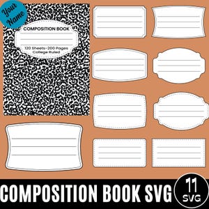 Könnte beinhalten: Ein Kompositionsbuch mit einem schwarz-weißen Leopardenmuster-Einband. Das Buch trägt den Text "COMPOSITION BOOK" und "120 Sheets - 200 Pages College Ruled". Es gibt auch mehrere weiße Etikettendesigns.