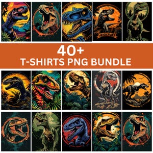 May include: A set of 40+ T-shirt designs featuring colourful illustrations of dinosaurs in various poses. The designs are perfect for creating unique and eye-catching apparel.