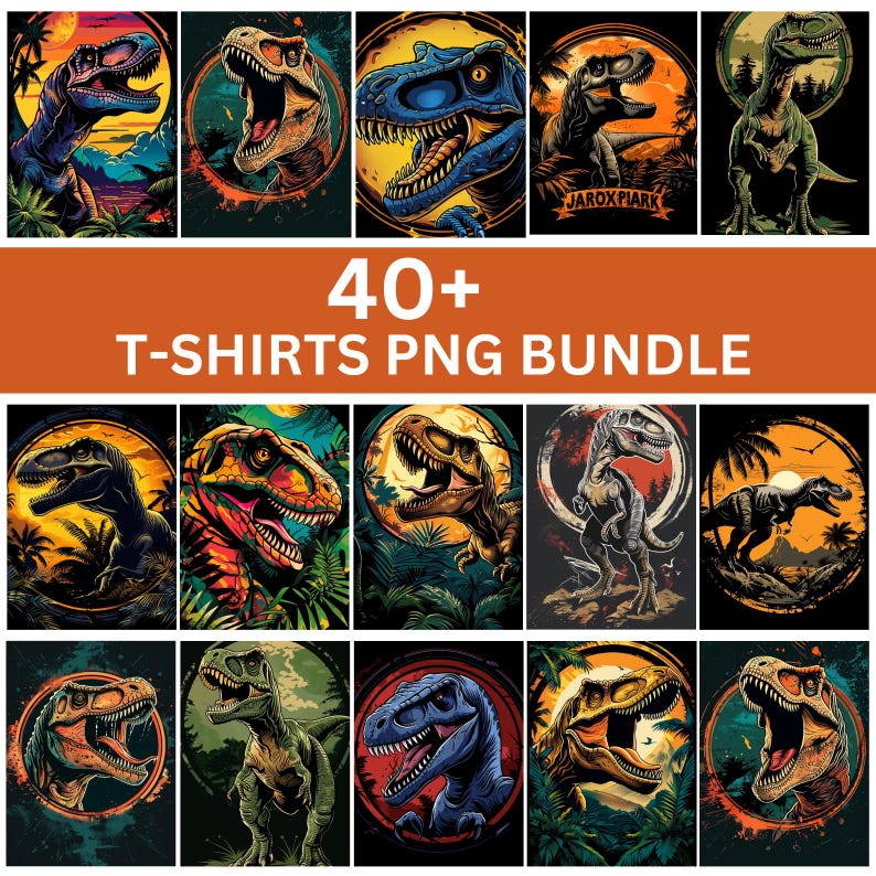 May include: A set of 40+ T-shirt designs featuring colorful illustrations of dinosaurs in various poses. The designs are perfect for creating unique and eye-catching apparel.