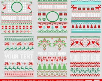 May include: A digital design for a Christmas sweater with a red, green, and white color scheme. The design features a variety of holiday motifs, including reindeer, snowflakes, Christmas trees, and bells. The text "YOUR TEXT HERE" appears in the center of the design.
